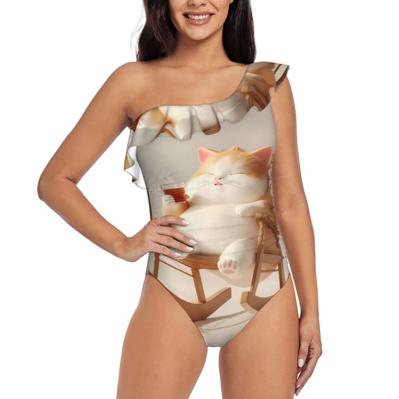 Rateoe Relaxing Cat With Tea Pattern Women One Piece Swimsuits Tummy Control One Shoulder Bathing Suits Ruffle Swimwear-