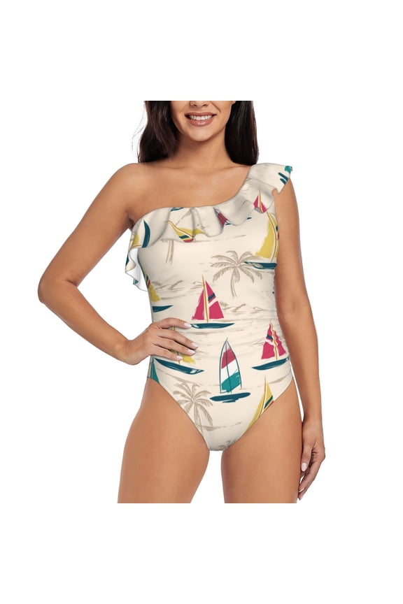 Reto Marine Nautical Pattern Women One Piece Swimsuits Tummy Control One Shoulder Bathing Suits Ruffle Swimwear-