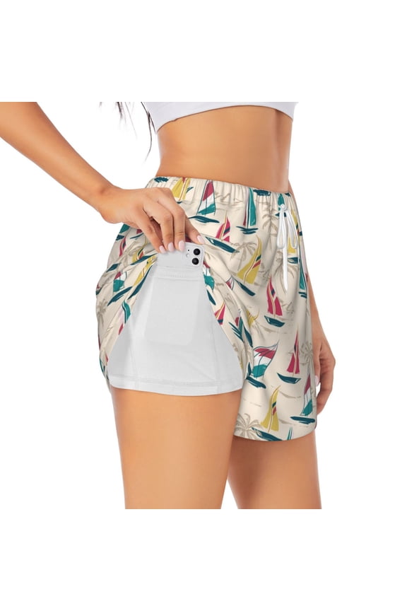 Reto Marine Nautical Printed 2 in 1 Women's Workout Shorts for Athletic Gym Running Shorts with Phone Pockets-X-Large