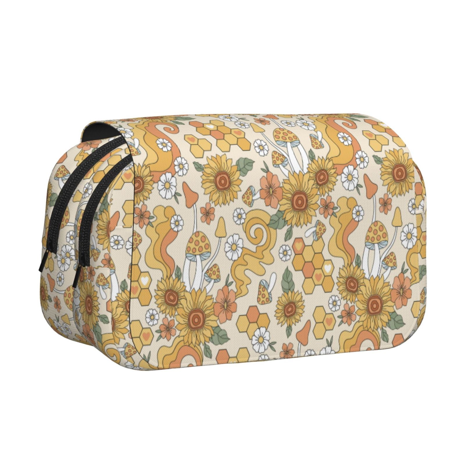 Rateoe Retro 70s 60s Flower Pattern Double Clamshell Pen Case, Storage Organizer with Two Zipper Compartments– Holds Up to 50 Pencils & Pens