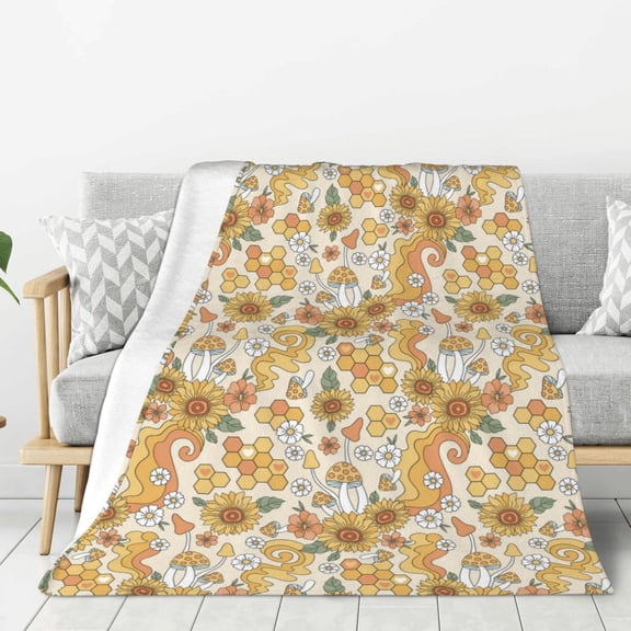 Rateoe Retro 70s 60s Flower Pattern Flannel Throw Blanket, Ultra-soft Blanket for Bed, Couch, Car, Hypoallergenic Anti-pilling blanket-40"x30"(Vertical)