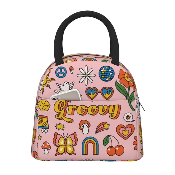 Rateoe Retro 70s Hippie Pattern Lunch Bag Women, Lunch Box, Lunch Bag, Small Leakproof Lunch Tote Large Capacity Reusable Insulated Cooler Lunch Container
