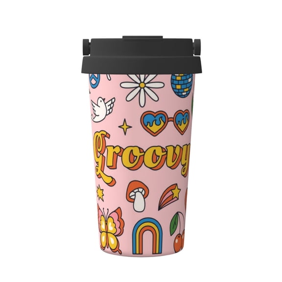 Rateoe Retro 70s Hippie Pattern Travel Coffee Mug Tumbler with Flip Lid | Reusable Insulated Stainless Steel Cold Brew Iced Coffee Cup Thermos