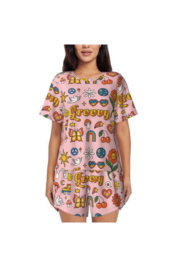 Retro 70s Hippie Pattern Women's Short-Sleeved Pajama Set - 2 Piece Soft and Lightweight Sleepwear Set-Medium