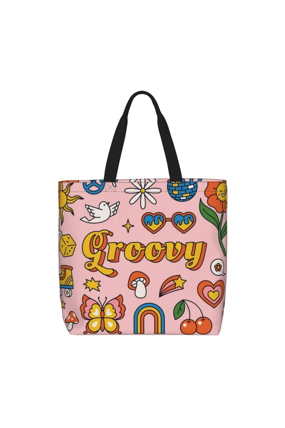 Retro 70s Hippie Print Lightweight Tote Bag for Women, Water-Resistant Shoulder Bag with Zipper, Spacious Casual Handbag for Work, School, Shopping