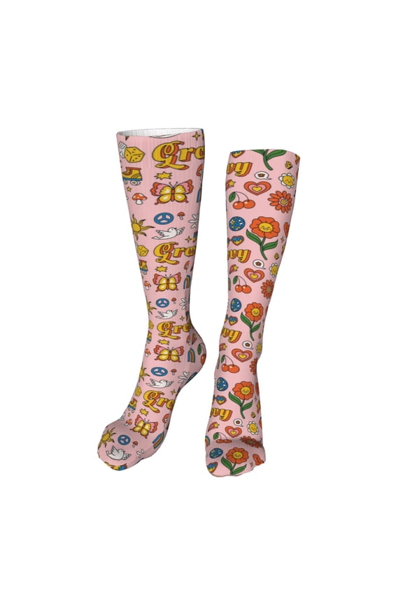 Retro 70s Hippie print Women's Men's Novelty 20in Crew Socks Cotton Socks Knee High Socks for Walking,Running,Nurses,Pregnancy-One Size