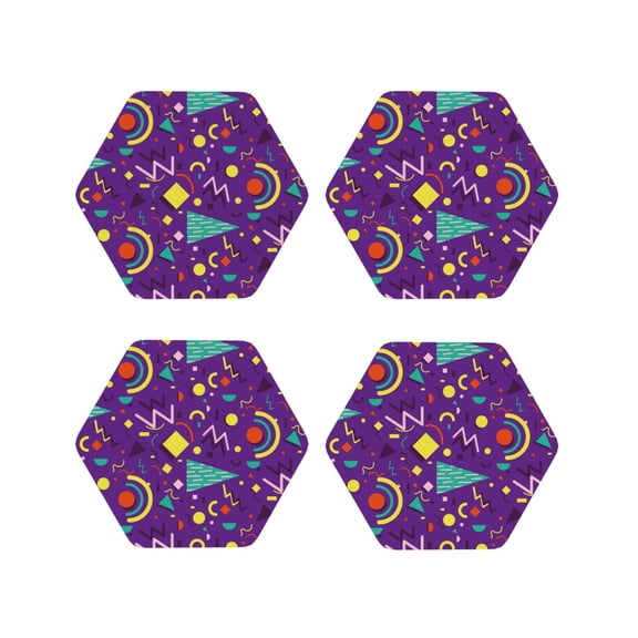 Rateoe Retro 80s Style Drawing Drink Coasters Set of 4 Leather Coasters Spill Protection for Table Desk,Durable and Non Slip Leather Coaster ,4 Inches Drink Mats-Hexagon