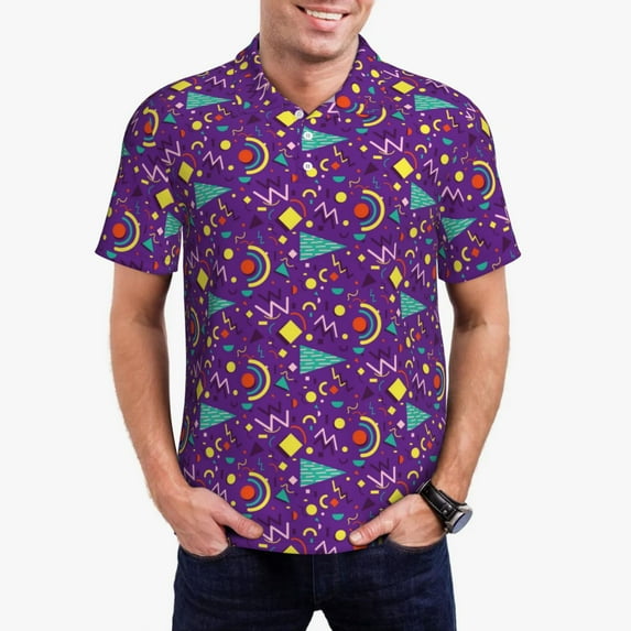 Rateoe Retro 80s Style Pattern Men's Short Sleeve Polo Shirts, Golf Polo Shirts Short Sleeve Performance Moisture Wicking Dry-Small