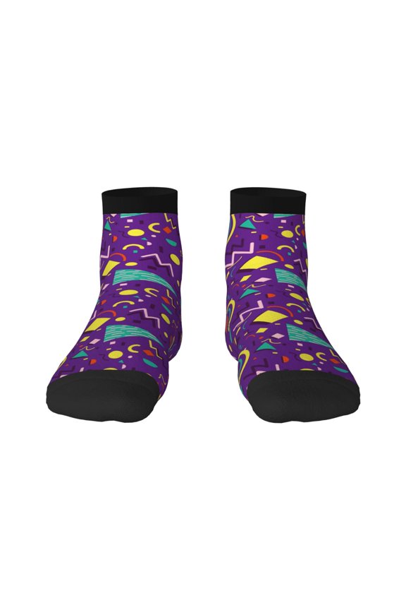 Retro 80s Style Pattern Quarter Crew Socks,Toe Seamed Ankle Socks,Cotton Cushioned Breathable Athletic Crew Sports Socks