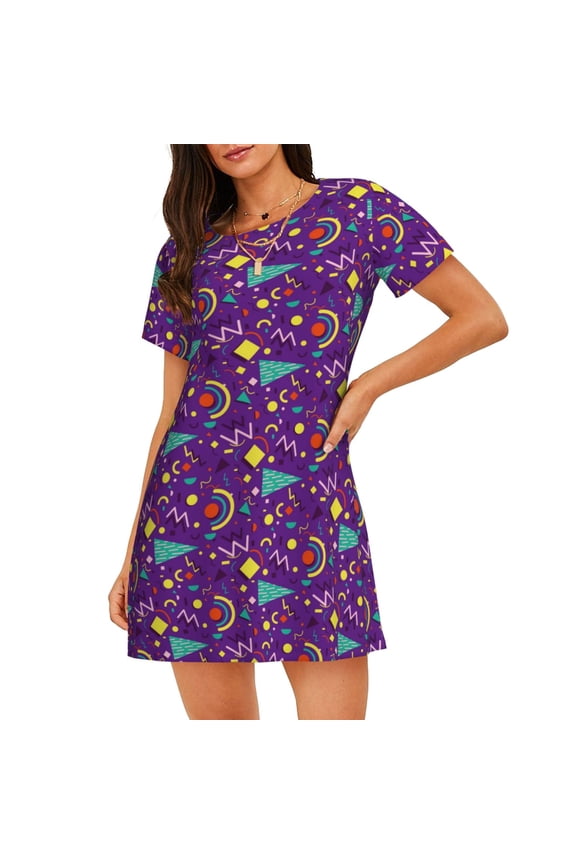 Retro 80s Style Print Women’s Nightdress – Cozy Cotton Short-sleeved Sleep Shirt, Loose-Fit Sleepwear, Perfect for Relaxing and Sleeping