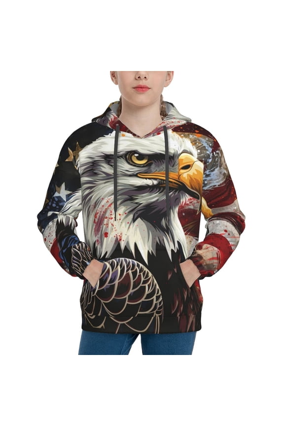 Retro American Eagle A Pattern Boys Hoodie, Youth Pullover Hooded Sweatshirt, Kangaroo Pocket Hoodie for Kids-Medium