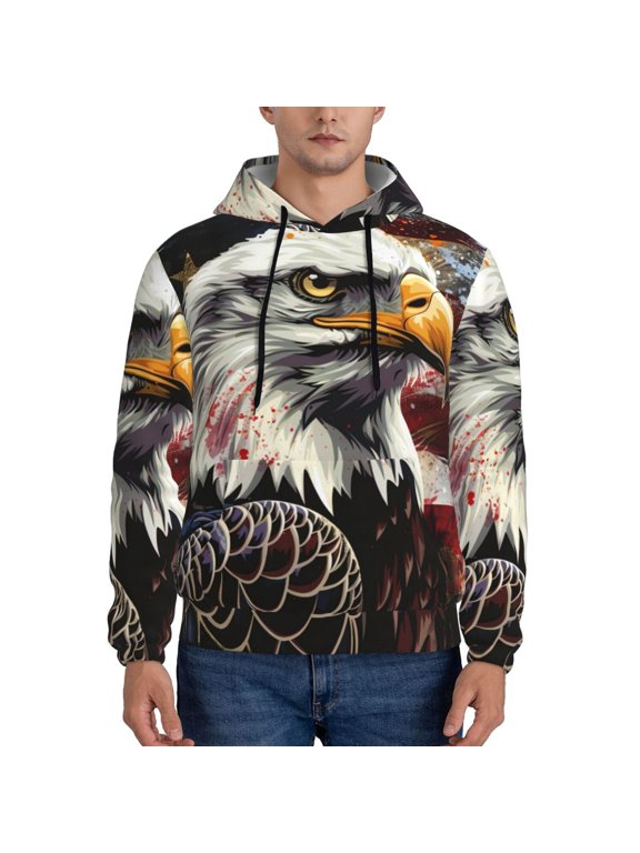 Retro American Eagle A Pattern Mens Hoodie, Pullover Hooded Sweatshirt, Kangaroo Pocket Hoodie Ideal for Daily Wear, Travel and Home-X-Large
