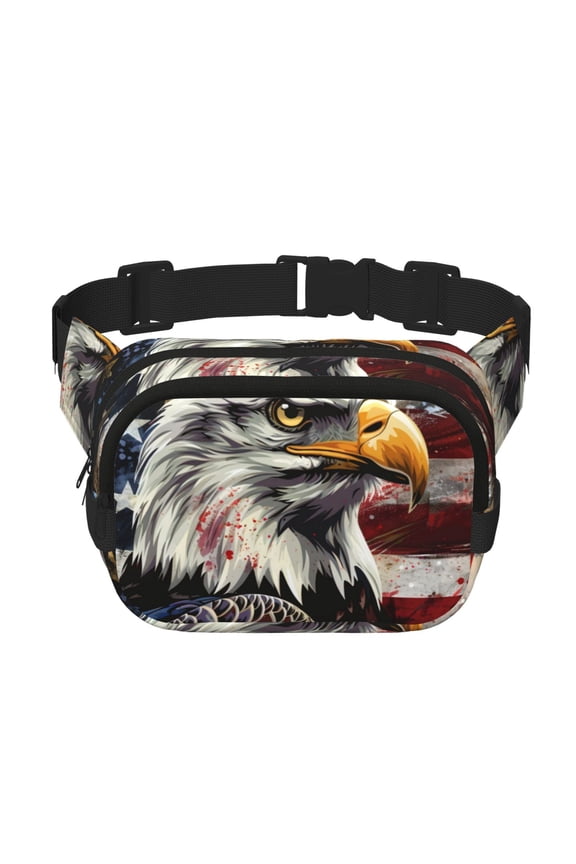 Retro American Eagle A Print Fanny Pack Belt Bag for Women and Men, Square Double-Layer Waterproof Waist Pack with Adjustable Strap for Hiking, Jogging, Cycling