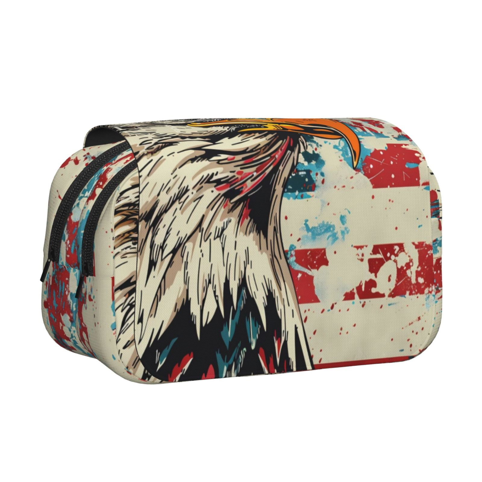 Rateoe Retro American Eagle Pattern Double Clamshell Pen Case, Storage Organizer with Two Zipper Compartments– Holds Up to 50 Pencils & Pens