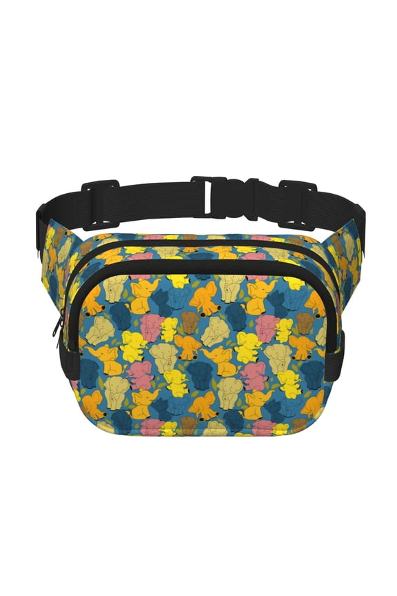 Retro Boho Elephants Print Fanny Pack Belt Bag for Women and Men, Square Double-Layer Waterproof Waist Pack with Adjustable Strap for Hiking, Jogging, Cycling