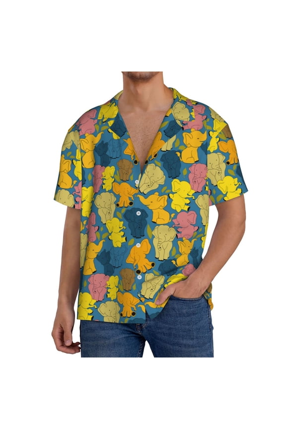Retro Boho Elephants Print Mens Front Pocket Hawaiian Shirts Casual Shirts Short Sleeve Button Down Beach Tropical Shirts-Medium