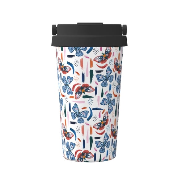 Rateoe Retro Butterfly Pattern Travel Coffee Mug Tumbler with Flip Lid | Reusable Insulated Stainless Steel Cold Brew Iced Coffee Cup Thermos