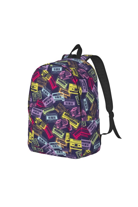 Retro Cassette Music Pattern Durable Canvas Backpack for Men & Women – Stylish & Lightweight – Adjustable Straps, Multiple Pockets – Fits 15-17 Inch LaptopsSmall