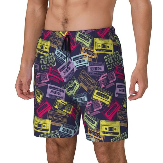 Rateoe Retro Cassette Music Pattern Men’s Swim Shorts with Compression Liner – Double-Layered Quick-Dry Swimwear, Comfortable & Stretchy Beach Shorts-XX-Large