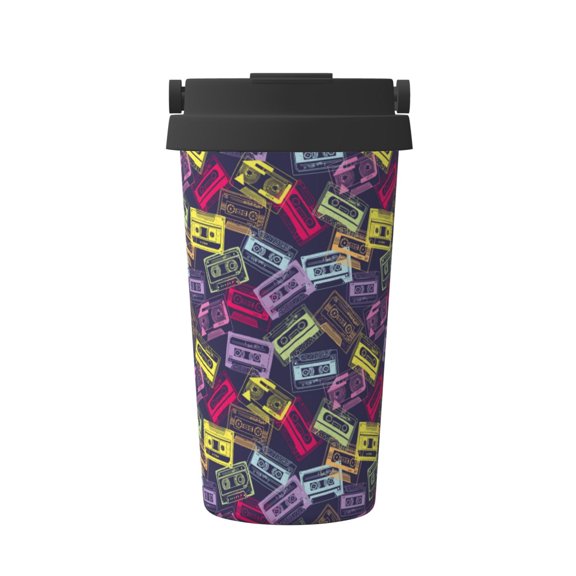 Rateoe Retro Cassette Music Pattern Travel Coffee Mug Tumbler with Flip Lid | Reusable Insulated Stainless Steel Cold Brew Iced Coffee Cup Thermos