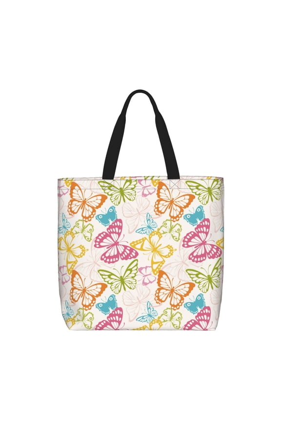 Retro Colorful Butterfly Print Lightweight Tote Bag for Women, Water-Resistant Shoulder Bag with Zipper, Spacious Casual Handbag for Work, School, Shopping