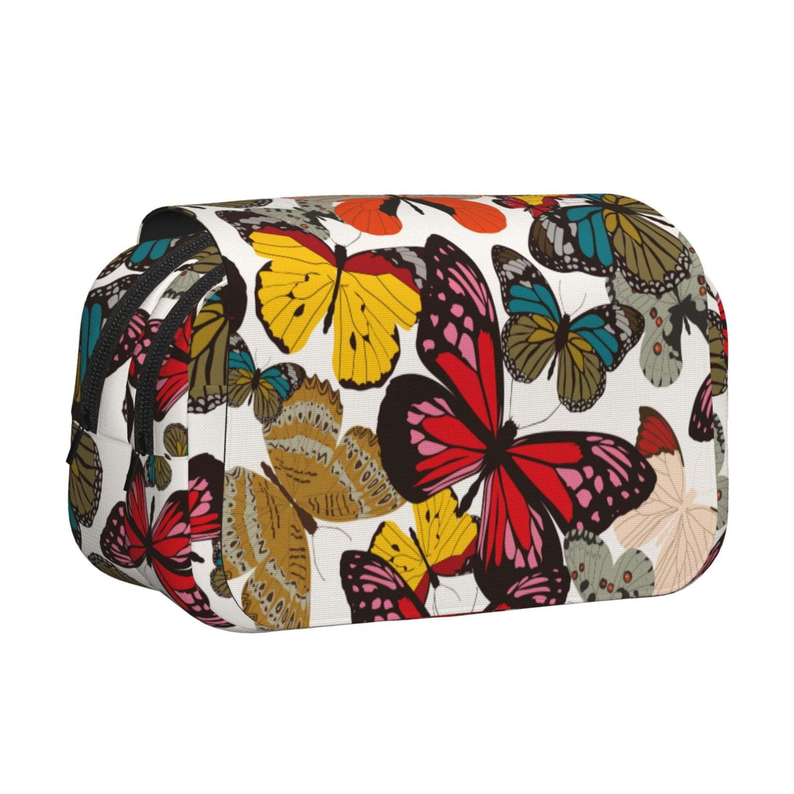 Rateoe Retro Floral Butterfly Pattern Double Clamshell Pen Case, Storage Organizer with Two Zipper Compartments– Holds Up to 50 Pencils & Pens