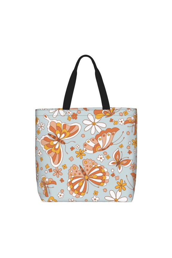 Retro Floral Butterfly Print Lightweight Tote Bag for Women, Water-Resistant Shoulder Bag with Zipper, Spacious Casual Handbag for Work, School, Shopping