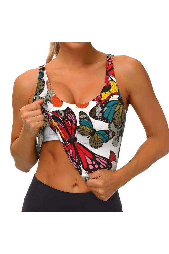 Retro Floral Butterfly Print Womens' Sports Bras Scoop Neck Sports Vest- Padded U Back Seamless High Impact Support