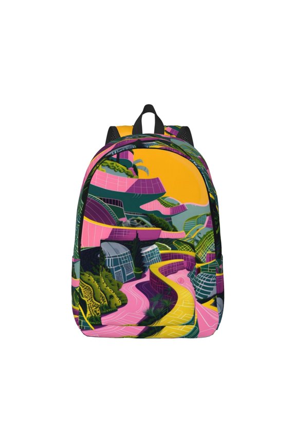 Retro Futuristic Landscape Pattern Canvas College Laptop Backpack,Travel Daypack,Durable Rucksack Travel Notebook Bag School Backpack Book Bag for Men Women-Small