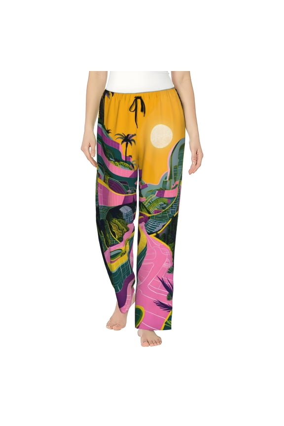 Retro Futuristic Landscape Pattern Women’s Ultra-Soft Comfy Pajama Lounge Pants Sleepwear,Comfortable Lounge Wear,lightweight Pajamas, Casual Home Wear-