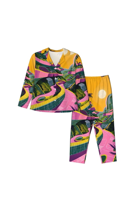 Retro Futuristic Landscape Pattern Womens Pajamas Set Long Sleeve Sleepwear Button Down Nightwear Soft Cotton Pj Lounge Sets-Small
