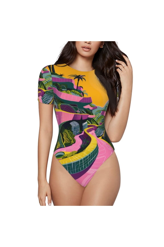 Retro Futuristic Landscape Printed Women Rash Guard Short Sleeve,Tummy control Swimsuit Surfing Swimsuit Bathing Suit Short-sleeved Onesie UPF 50+ -Medium