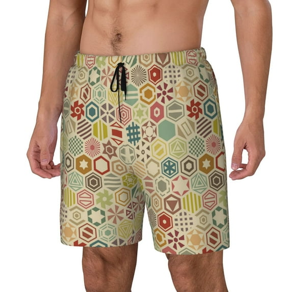 Rateoe Retro Geometry Pattern Men’s Swim Shorts with Compression Liner – Double-Layered Quick-Dry Swimwear, Comfortable & Stretchy Beach Shorts-Small