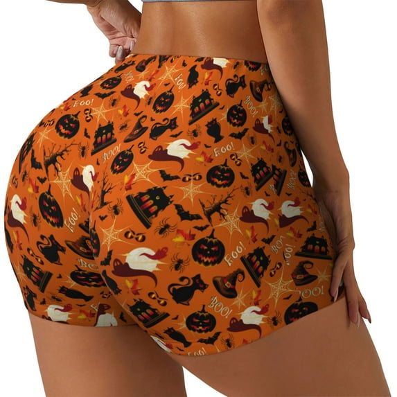 Rateoe Retro Halloween Printed Power Workout Shorts for Women Tummy Control Squat Proof Ribbed Thick Seamless Scrunch Active Short-Medium