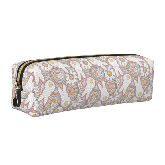 Rateoe Retro Hippie Groovy Easter bunny Print Leather Pencil Case with Smooth Zipper, Compact Storage for Writing Tools & Art Supplies, 8.26" x 1.96" x 2.16"