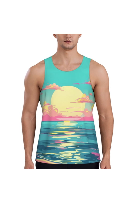 Retro Palm Beach Sunset Pattern Sleeveless Gym Shirt Muscle Tee Breathable Workout Shirt Slim-Fit Tank Quick Dry Fit Muscle Tank Top Bodybuilding Sleeveless T Shirt-4X-Large