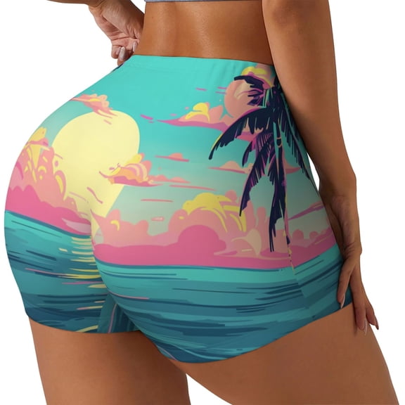 Rateoe Retro Palm Beach Sunset Printed Power Workout Shorts for Women Tummy Control Squat Proof Ribbed Thick Seamless Scrunch Active Short-Small