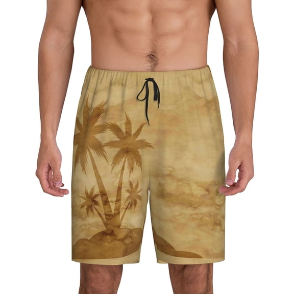 Rateoe Retro Palm Tree Print Men's Lounge Shorts – Soft & Breathable Pajama Bottoms with Pockets, Elastic Waistband, Lightweight Sleepwear for Nightwear & Loungewear-