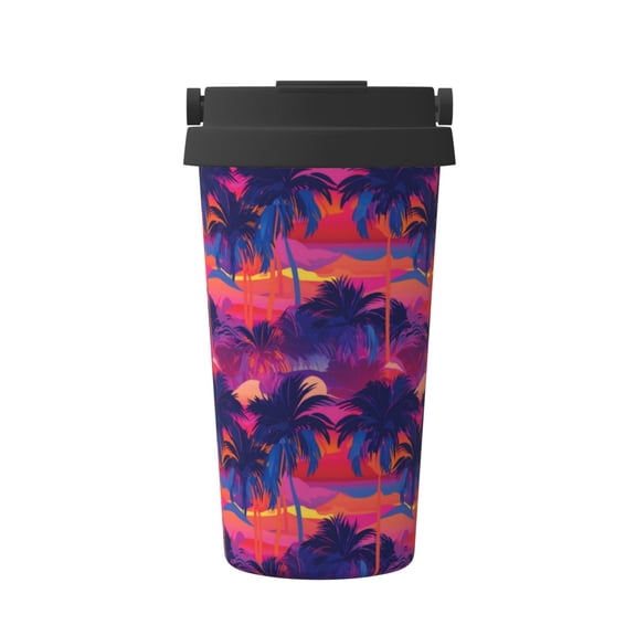 Rateoe Retro Palms Pattern Travel Coffee Mug Tumbler with Flip Lid | Reusable Insulated Stainless Steel Cold Brew Iced Coffee Cup Thermos