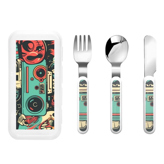 Rateoe Retro Pop Art Collage for Stainless Steel Kids Silverware Set - Child and Toddler Safe Flatware - Children's Knife, Fork And Spoon Set