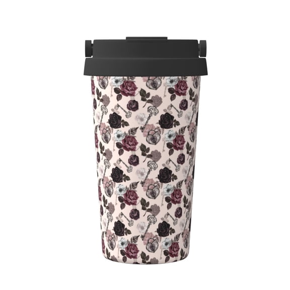 Rateoe Retro Red Black Roses Pattern Travel Coffee Mug Tumbler with Flip Lid | Reusable Insulated Stainless Steel Cold Brew Iced Coffee Cup Thermos