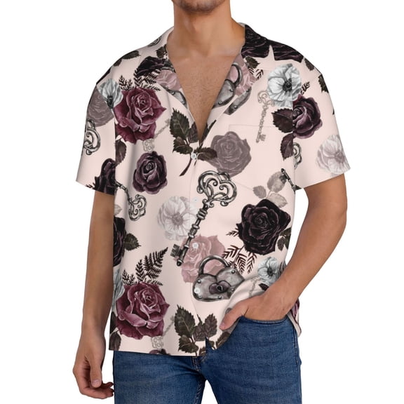 Rateoe Retro Red Black Roses Print Mens Front Pocket Hawaiian Shirts Casual Shirts Short Sleeve Button Down Beach Tropical Shirts-Small
