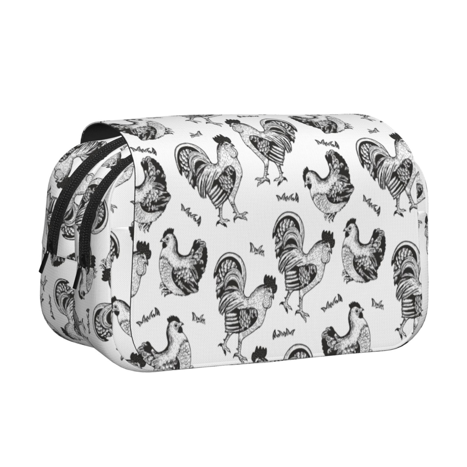 Rateoe Retro Rooster Pattern Double Clamshell Pen Case, Storage Organizer with Two Zipper Compartments– Holds Up to 50 Pencils & Pens