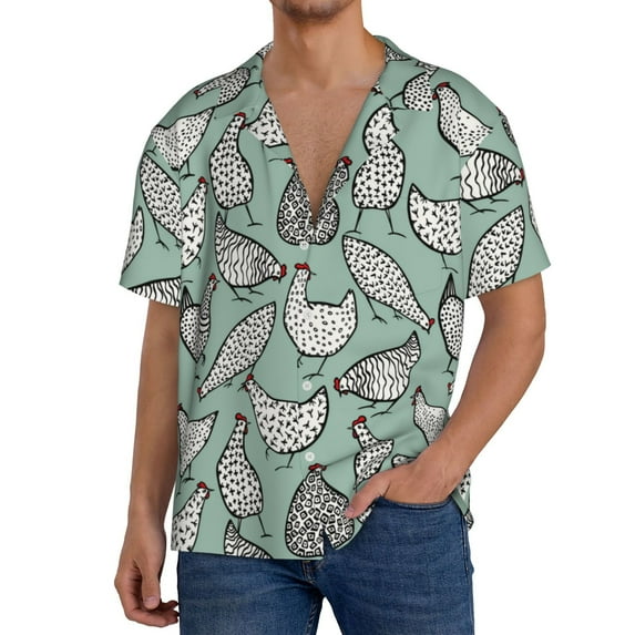Rateoe Retro Rooster4 Pattern Men's Short Sleeve Classic Shirt, Casual Short-Sleeved Shirt, Lightweight Summer Shirt, Cuban Collar Shirt,Button-Front Shirt-3X-Large
