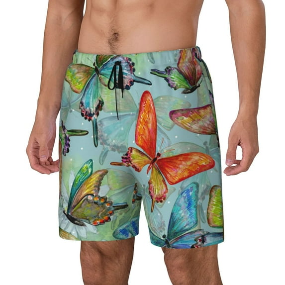 Rateoe Retro Seamless Flying Butterflies Pattern Men’s Swim Shorts with Compression Liner – Double-Layered Quick-Dry Swimwear, Comfortable & Stretchy Beach Shorts-3X-Large