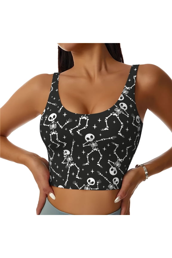 Retro Skeleton Dancing On Halloween Party Print Womens' Sports Bras Scoop Neck Sports Vest- Padded U Back Seamless High Impact Support-Small