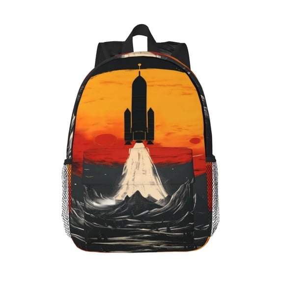 Rateoe Retro Space Rocket Launch Pattern Student Backpack Water-resistant Backpack 15-inch Laptop Backpack Lightweight Adjustable School Backpack