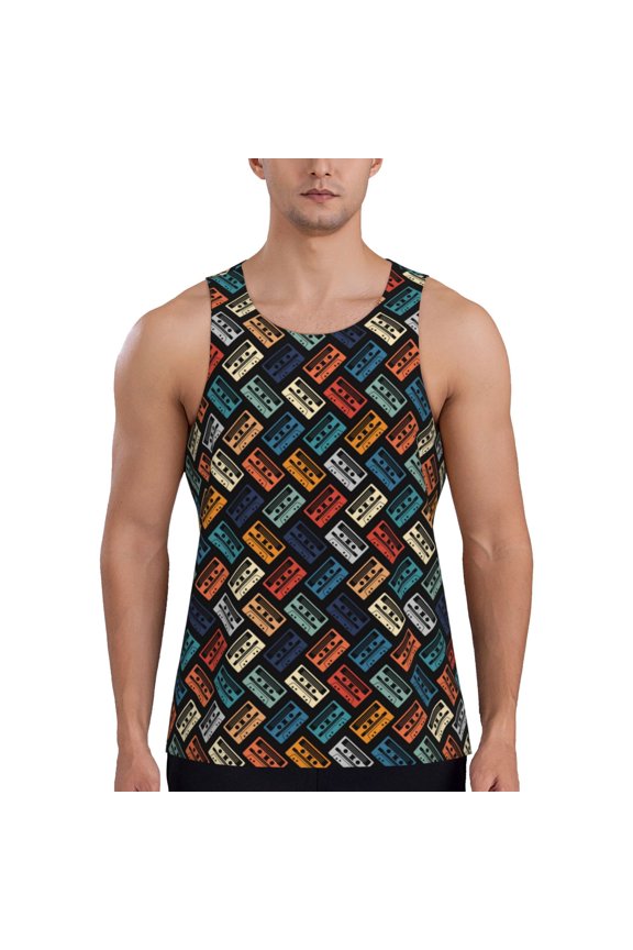 Retro Tape Pattern Sleeveless Gym Shirt Muscle Tee Breathable Workout Shirt Slim-Fit Tank Quick Dry Fit Muscle Tank Top Bodybuilding Sleeveless T Shirt-3X-Large