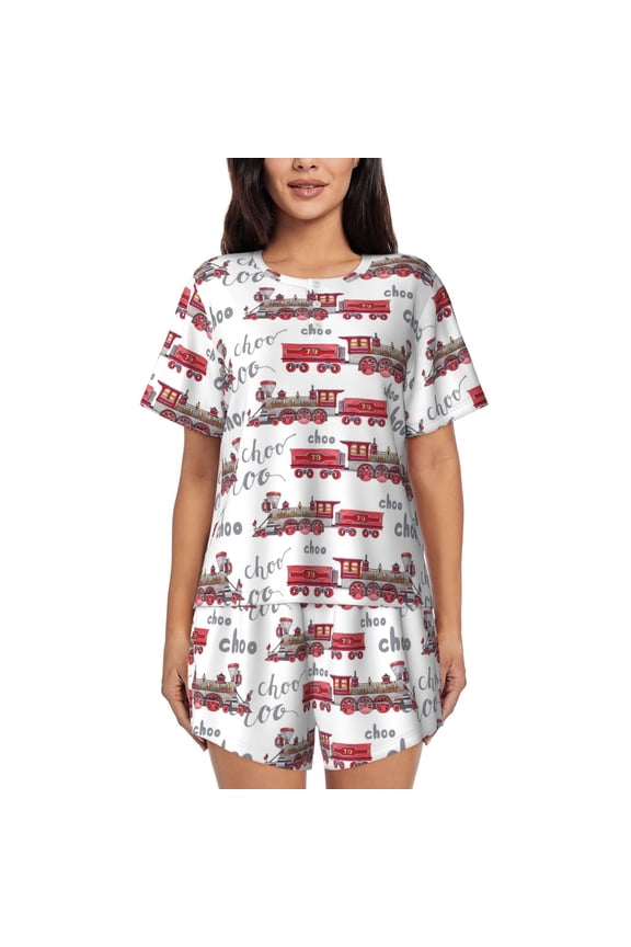 Retro Train Pattern Women's Short-Sleeved Pajama Set - 2 Piece Soft and Lightweight Sleepwear Set-3X-Large