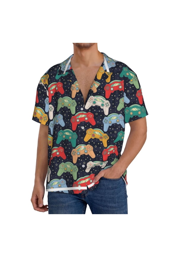 Retro Video Game Pattern Men's Short Sleeve Classic Shirt, Casual Short-Sleeved Shirt, Lightweight Summer Shirt, Cuban Collar Shirt,Button-Front Shirt-Large